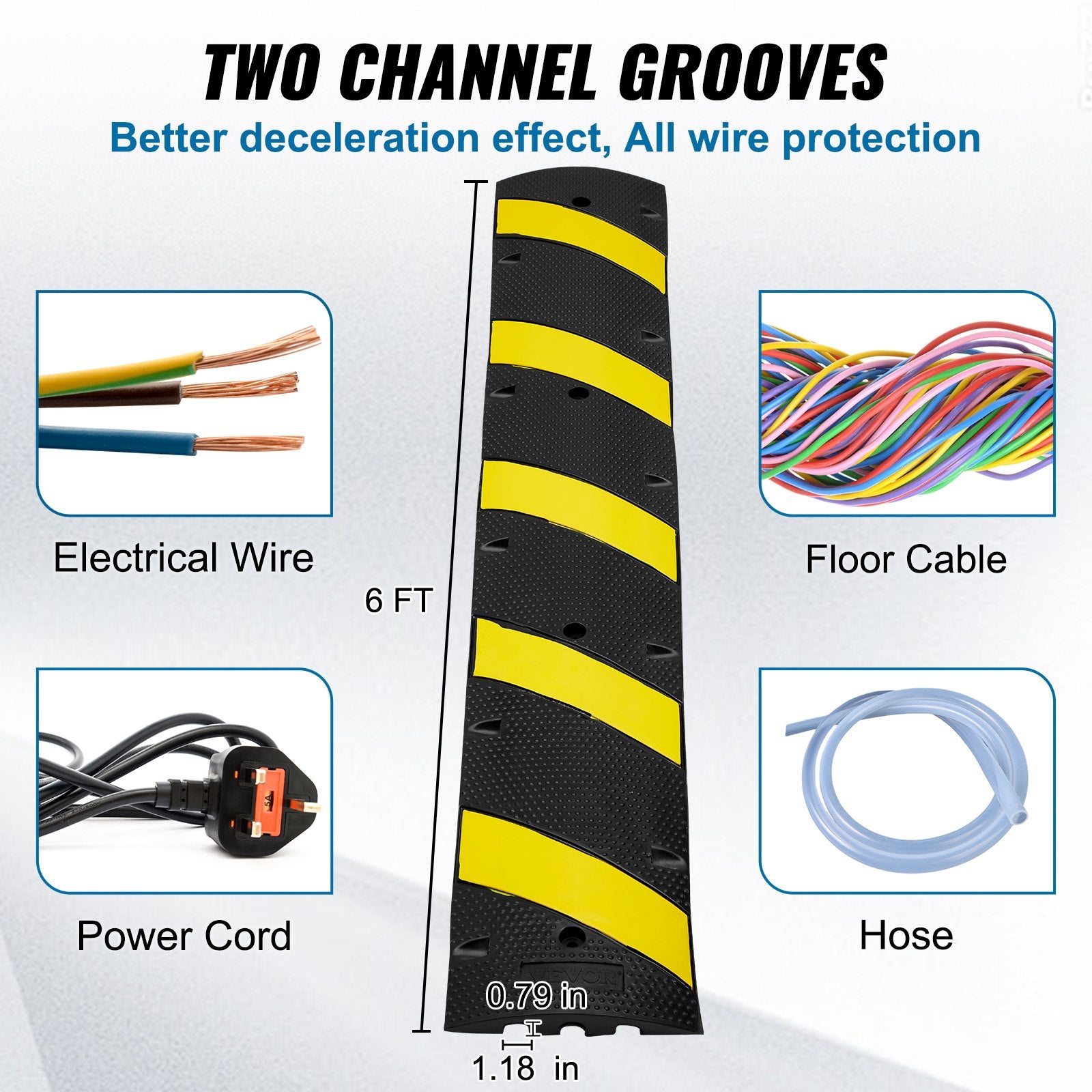 6 ft Rubber Speed Hump, 2 Channel, 10000 kg/axle Load Capacity Heavy Duty Traffic Speed Bump, with High Reflective Yellow Strip 4 Expansion Screws and 1 Drill, for Asphalt Concrete Gravel Roads - Image 3