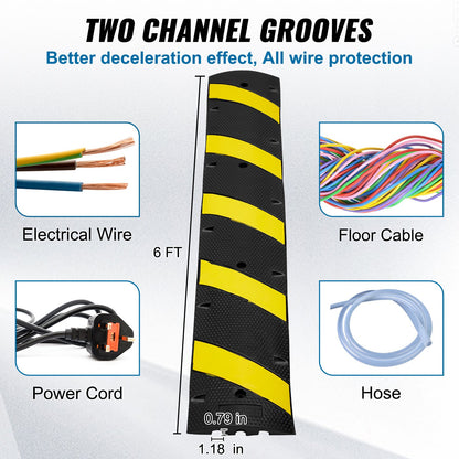 6 ft Rubber Speed Hump, 2 Channel, 10000 kg/axle Load Capacity Heavy Duty Traffic Speed Bump, with High Reflective Yellow Strip 4 Expansion Screws and 1 Drill, for Asphalt Concrete Gravel Roads - Image 3