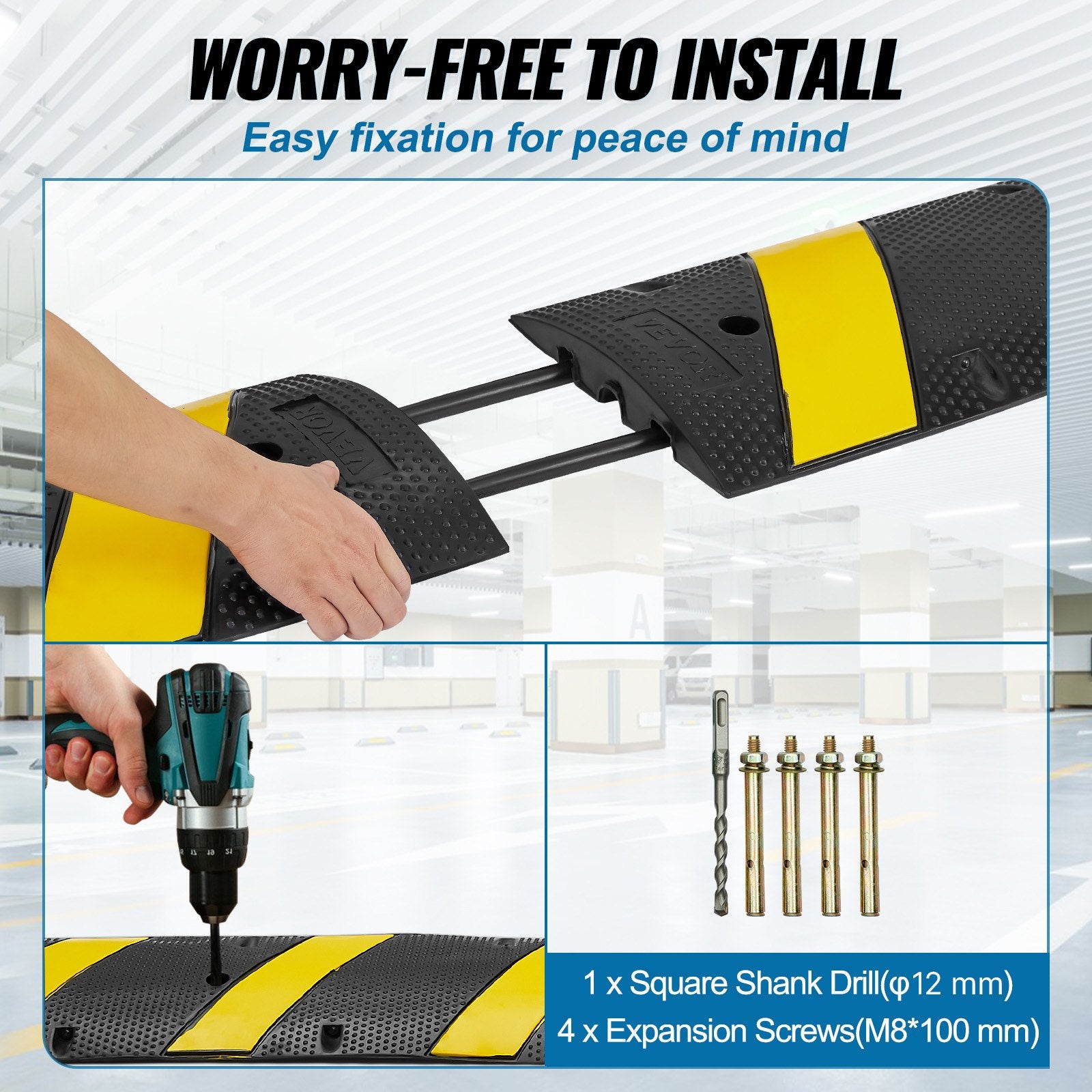 6 ft Rubber Speed Hump, 2 Channel, 10000 kg/axle Load Capacity Heavy Duty Traffic Speed Bump, with High Reflective Yellow Strip 4 Expansion Screws and 1 Drill, for Asphalt Concrete Gravel Roads - Image 6
