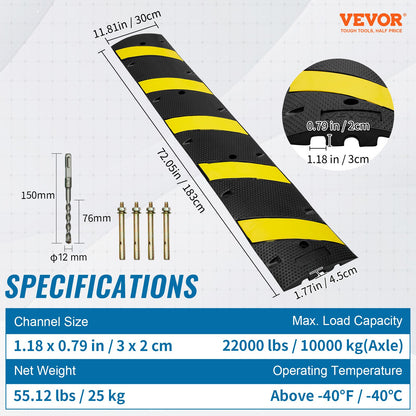 6 ft Rubber Speed Hump, 2 Channel, 10000 kg/axle Load Capacity Heavy Duty Traffic Speed Bump, with High Reflective Yellow Strip 4 Expansion Screws and 1 Drill, for Asphalt Concrete Gravel Roads - Image 7