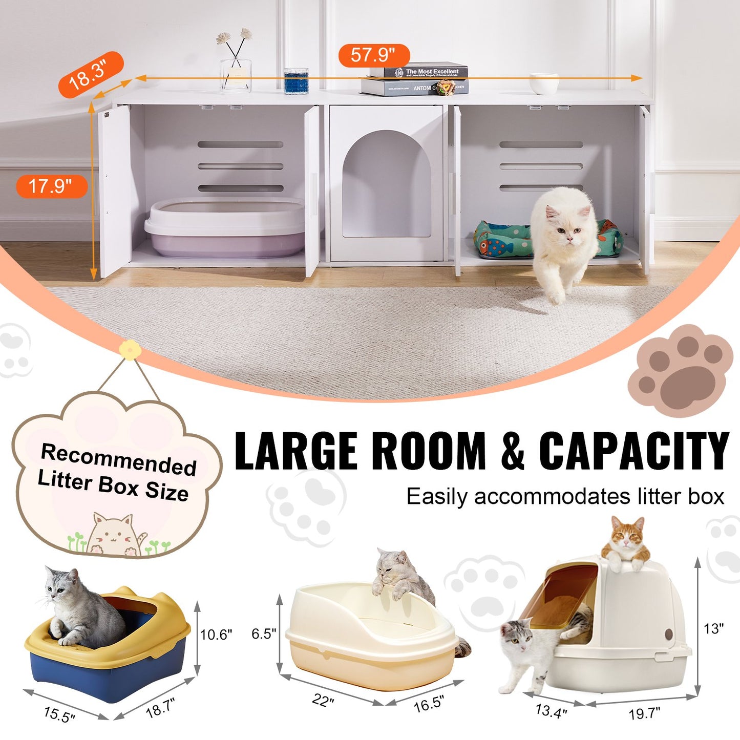Cat Litter Box Enclosure Wooden Litter Box Furniture Hidden 57.9" White - Image 4