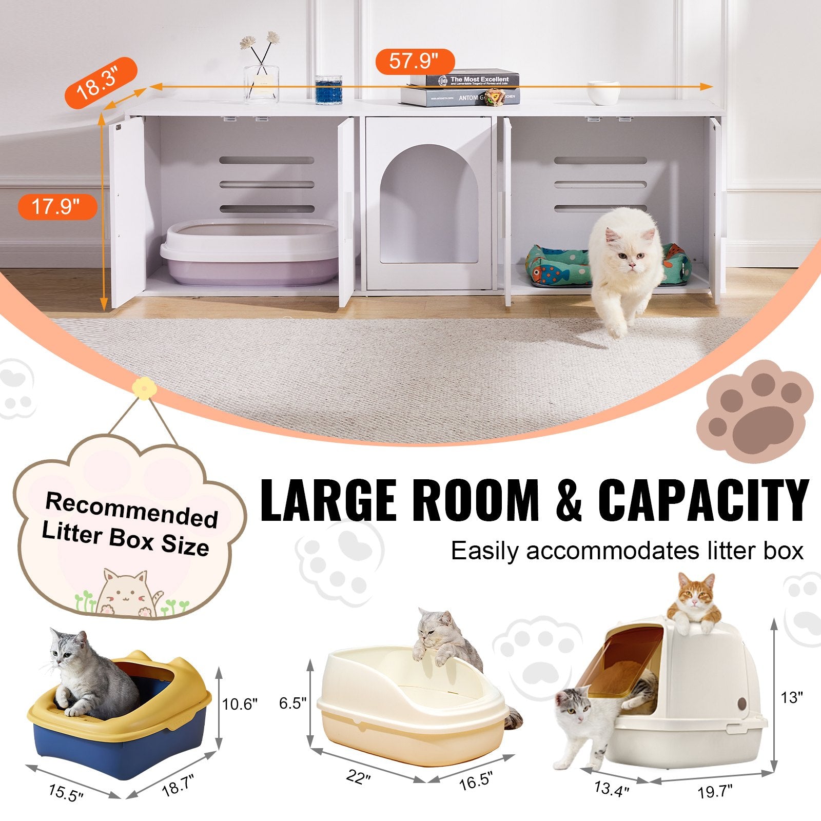 Cat Litter Box Enclosure Wooden Litter Box Furniture Hidden 57.9" White - Image 4