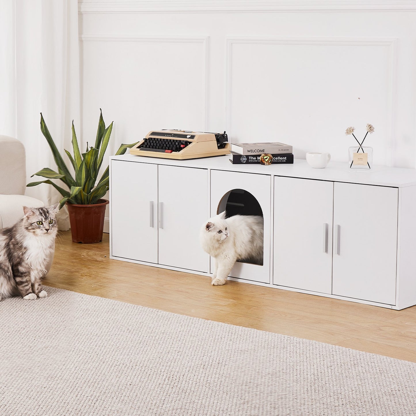 Cat Litter Box Enclosure Wooden Litter Box Furniture Hidden 57.9" White - Image 8
