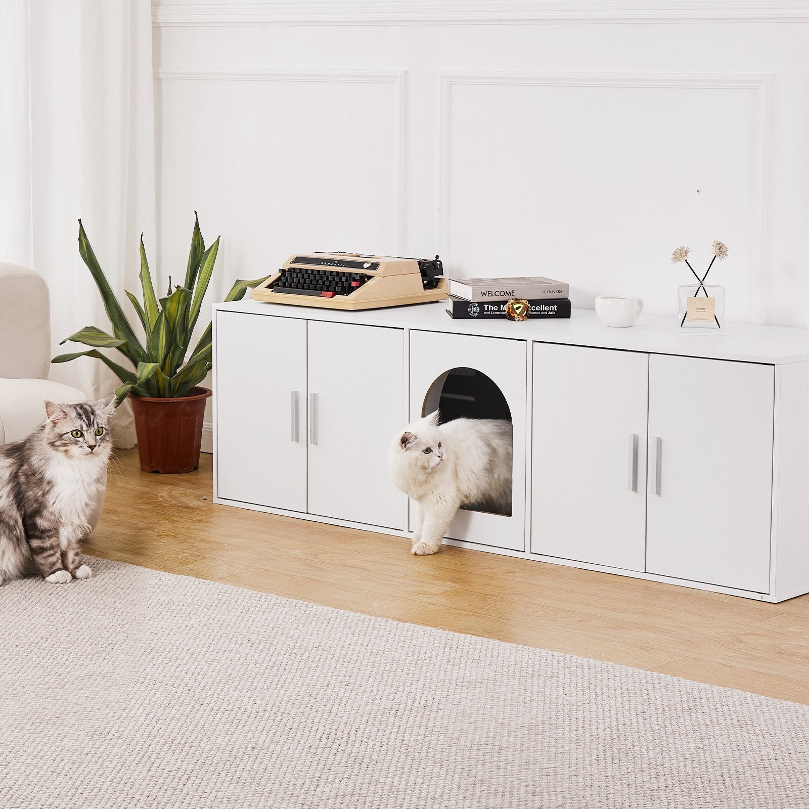 Cat Litter Box Enclosure Wooden Litter Box Furniture Hidden 57.9" White - Image 8