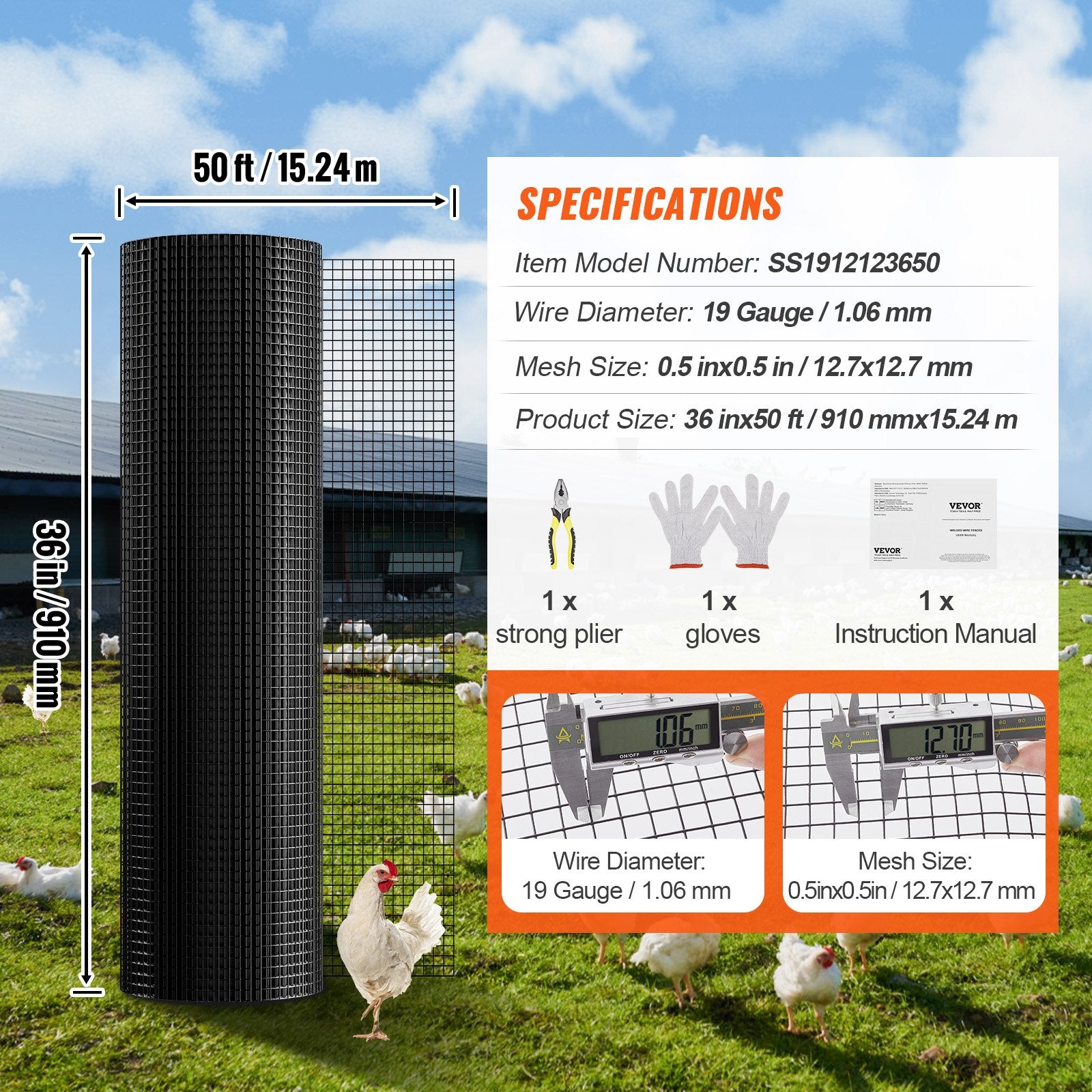 Hardware Cloth, 36'' x 50' Galvanized Wire Mesh Roll, 19 Gauge Chicken Wire Fence Roll, Vinyl Coating Metal Wire Mesh for Chicken Coop Barrier, Rabbit Snake Fences, Poultry Enclosures - Image 7