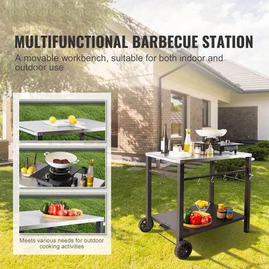 Outdoor Grill Dining Cart with Double-Shelf, 85*55cm BBQ Movable Food Prep Table, Multifunctional Stainless Steel Table Top, Portable Modular Carts for Pizza Oven, Worktable with 2 Wheels, Carry Handle - Image 2