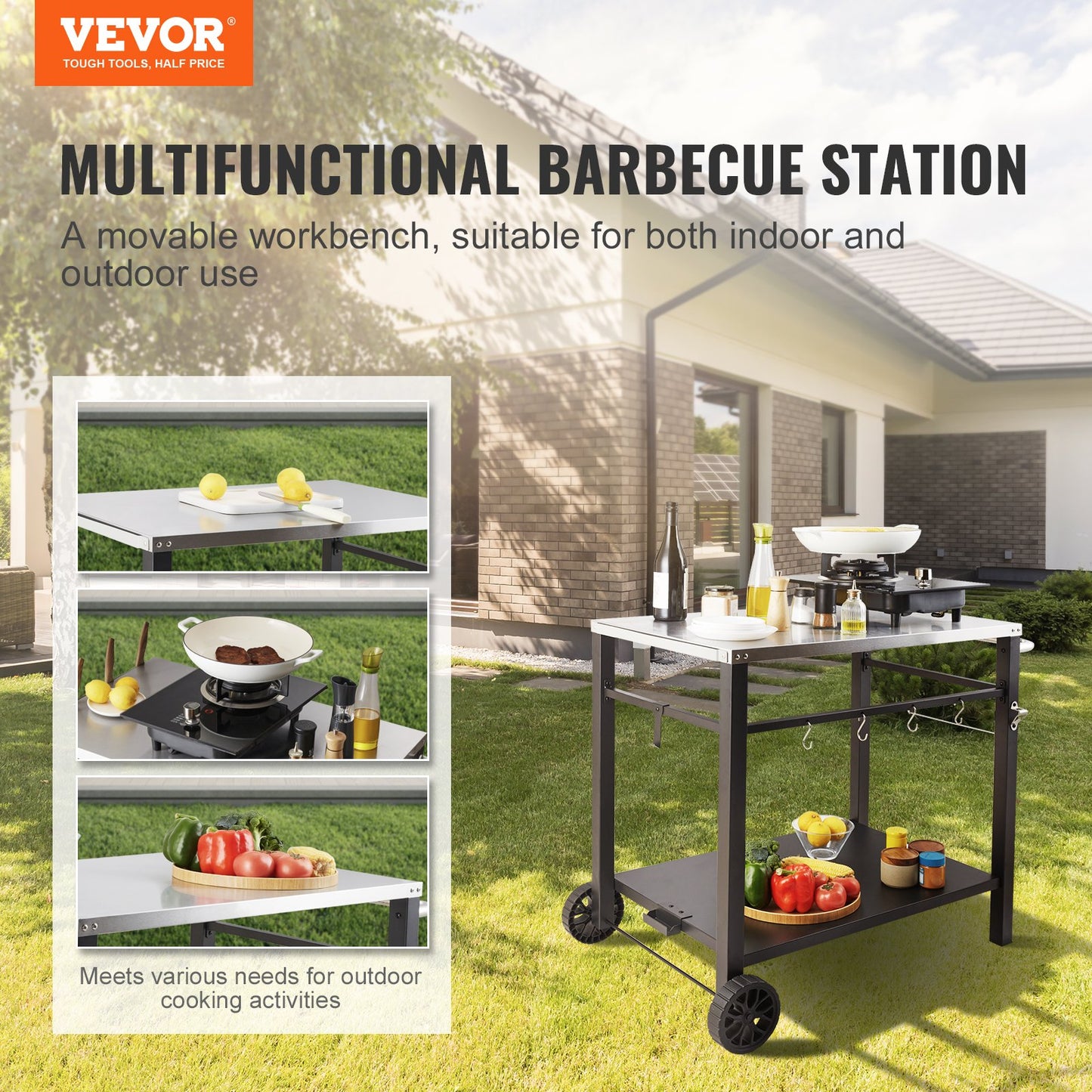 Outdoor Grill Dining Cart with Double-Shelf, 85*55cm BBQ Movable Food Prep Table, Multifunctional Stainless Steel Table Top, Portable Modular Carts for Pizza Oven, Worktable with 2 Wheels, Carry Handle - Image 2
