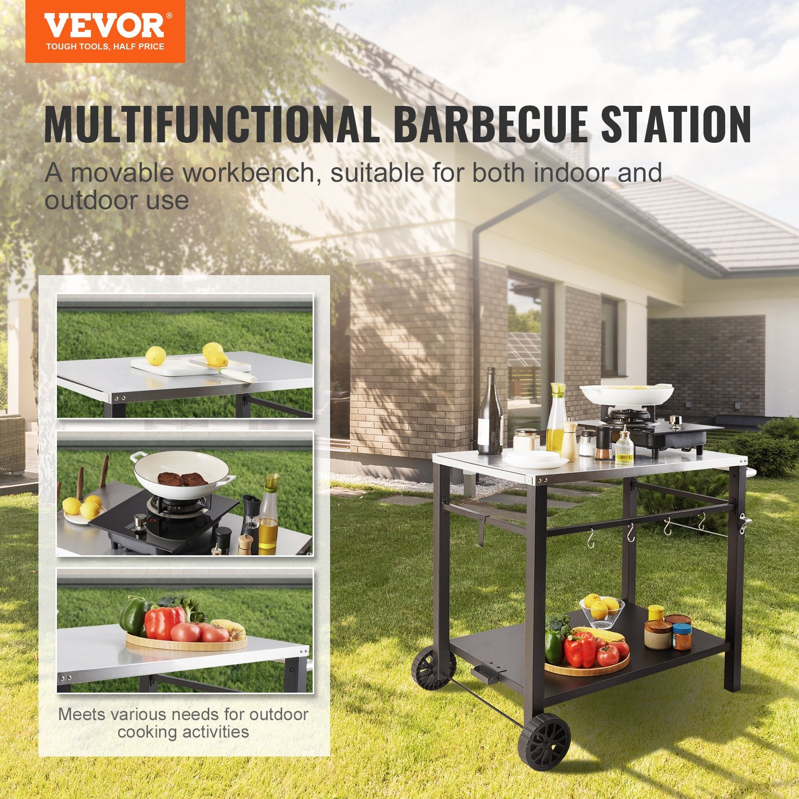 Outdoor Grill Dining Cart with Double-Shelf, 85*55cm BBQ Movable Food Prep Table, Multifunctional Stainless Steel Table Top, Portable Modular Carts for Pizza Oven, Worktable with 2 Wheels, Carry Handle - Image 2