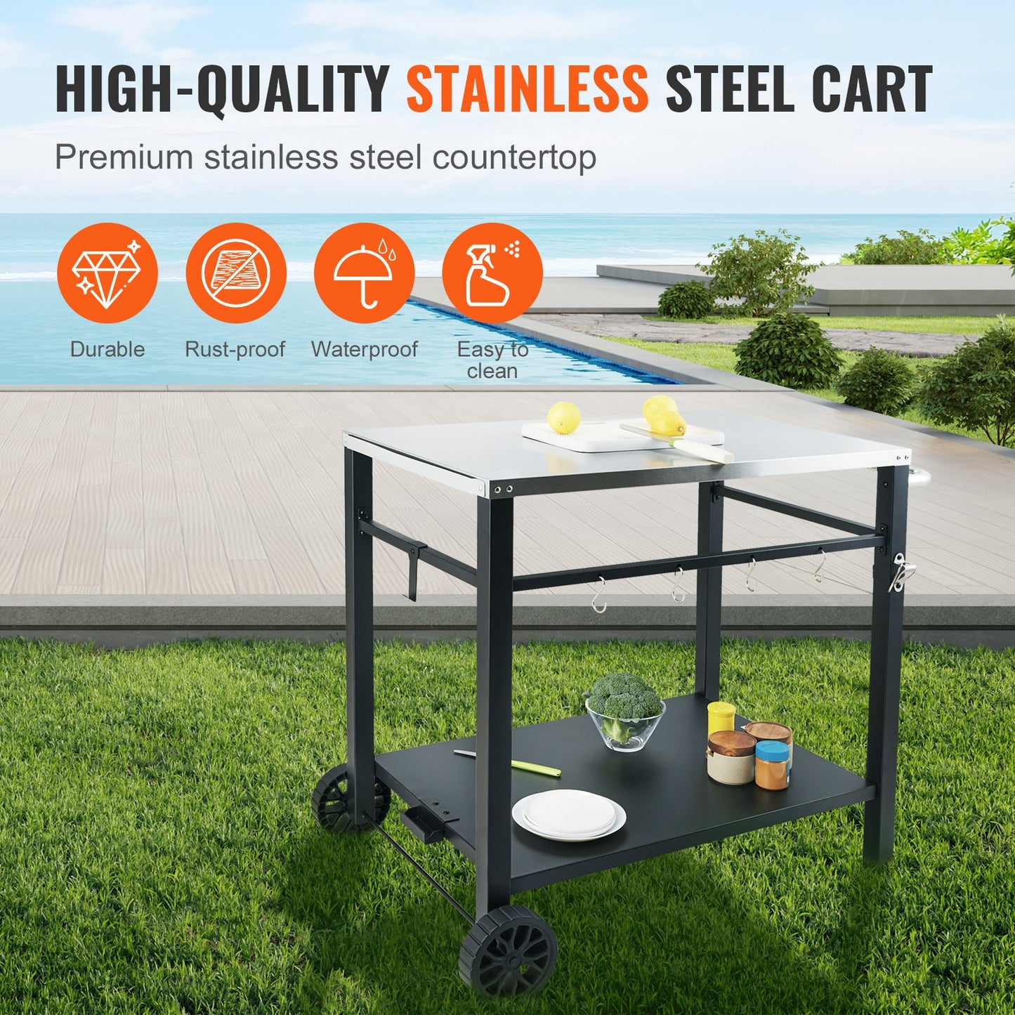 Outdoor Grill Dining Cart with Double-Shelf, 85*55cm BBQ Movable Food Prep Table, Multifunctional Stainless Steel Table Top, Portable Modular Carts for Pizza Oven, Worktable with 2 Wheels, Carry Handle - Image 3