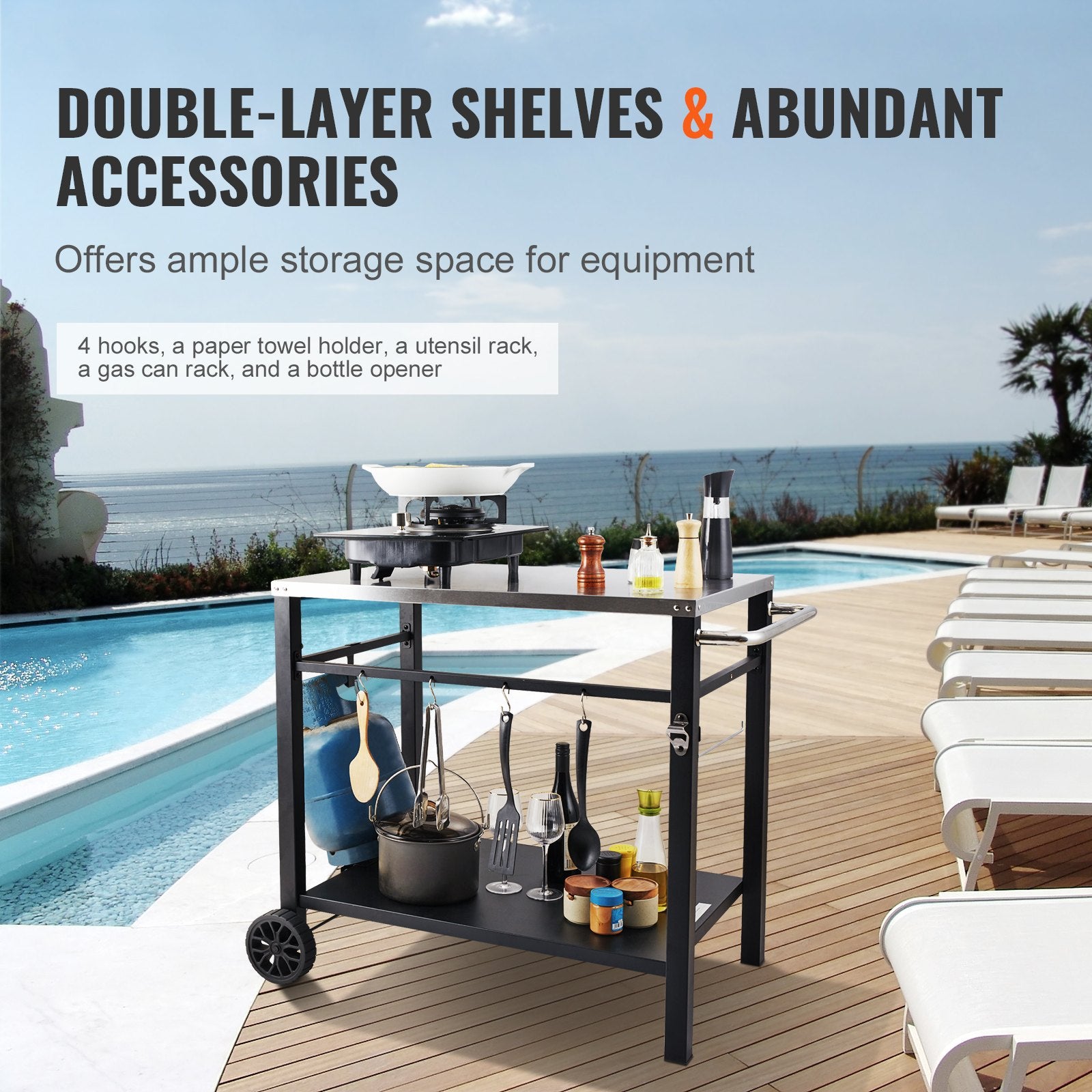 Outdoor Grill Dining Cart with Double-Shelf, 85*55cm BBQ Movable Food Prep Table, Multifunctional Stainless Steel Table Top, Portable Modular Carts for Pizza Oven, Worktable with 2 Wheels, Carry Handle - Image 4