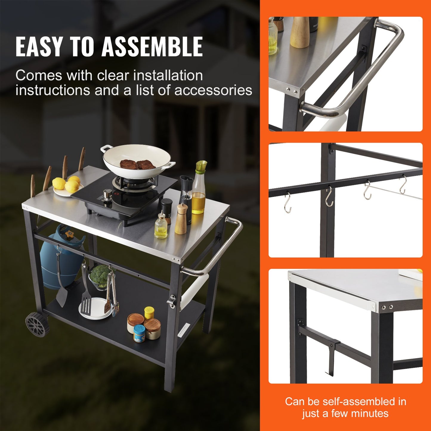 Outdoor Grill Dining Cart with Double-Shelf, 85*55cm BBQ Movable Food Prep Table, Multifunctional Stainless Steel Table Top, Portable Modular Carts for Pizza Oven, Worktable with 2 Wheels, Carry Handle - Image 6