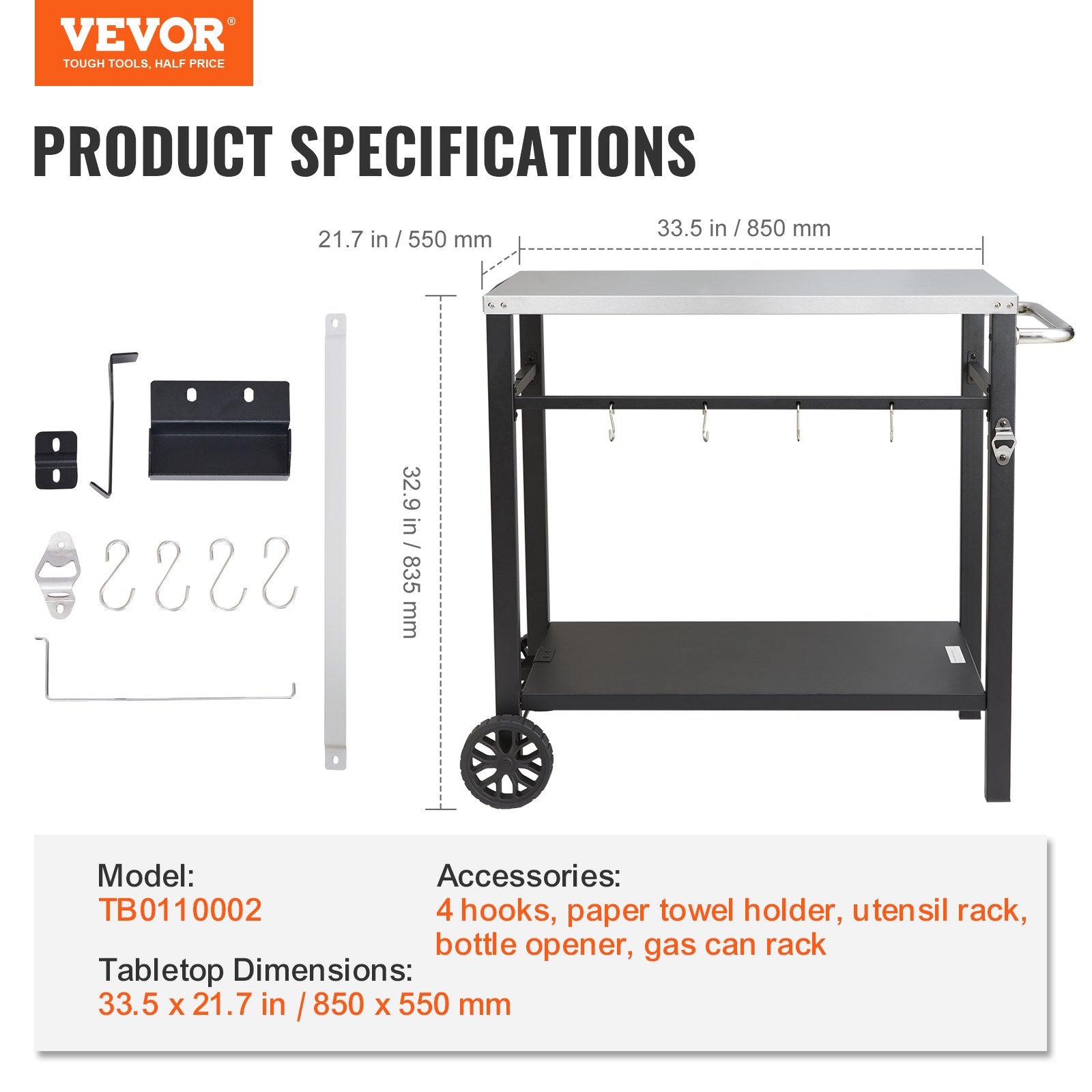 Outdoor Grill Dining Cart with Double-Shelf, 85*55cm BBQ Movable Food Prep Table, Multifunctional Stainless Steel Table Top, Portable Modular Carts for Pizza Oven, Worktable with 2 Wheels, Carry Handle - Image 7