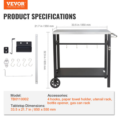 Outdoor Grill Dining Cart with Double-Shelf, 85*55cm BBQ Movable Food Prep Table, Multifunctional Stainless Steel Table Top, Portable Modular Carts for Pizza Oven, Worktable with 2 Wheels, Carry Handle - Image 7