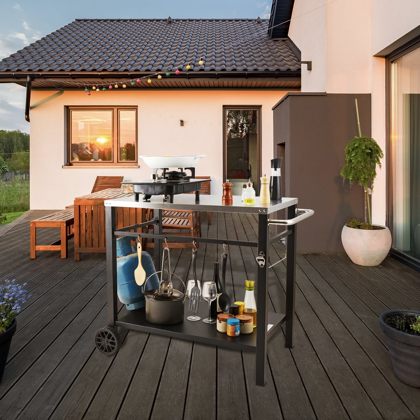 Outdoor Grill Dining Cart with Double-Shelf, 85*55cm BBQ Movable Food Prep Table, Multifunctional Stainless Steel Table Top, Portable Modular Carts for Pizza Oven, Worktable with 2 Wheels, Carry Handle - Image 8