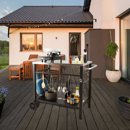 Outdoor Grill Dining Cart with Double-Shelf, 85*55cm BBQ Movable Food Prep Table, Multifunctional Stainless Steel Table Top, Portable Modular Carts for Pizza Oven, Worktable with 2 Wheels, Carry Handle - Image 8