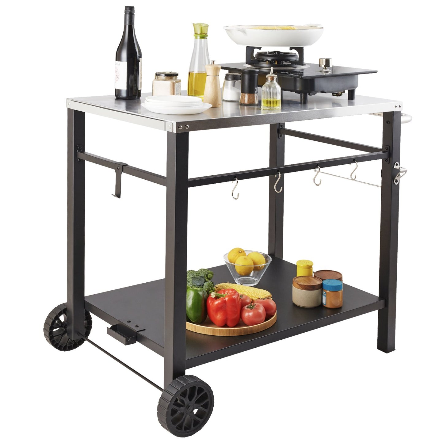 Outdoor Grill Dining Cart with Double-Shelf, 85*55cm BBQ Movable Food Prep Table, Multifunctional Stainless Steel Table Top, Portable Modular Carts for Pizza Oven, Worktable with 2 Wheels, Carry Handle - Image 9