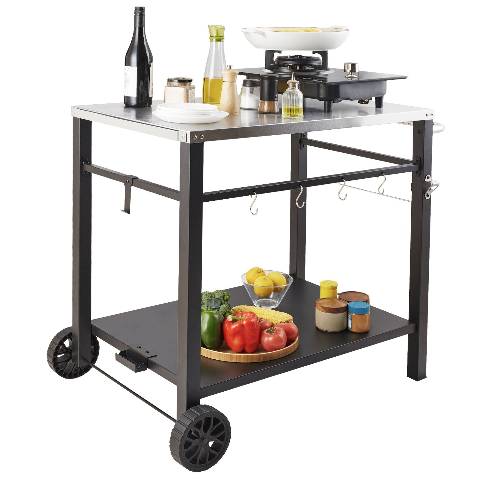 Outdoor Grill Dining Cart with Double-Shelf, 85*55cm BBQ Movable Food Prep Table, Multifunctional Stainless Steel Table Top, Portable Modular Carts for Pizza Oven, Worktable with 2 Wheels, Carry Handle - Image 9