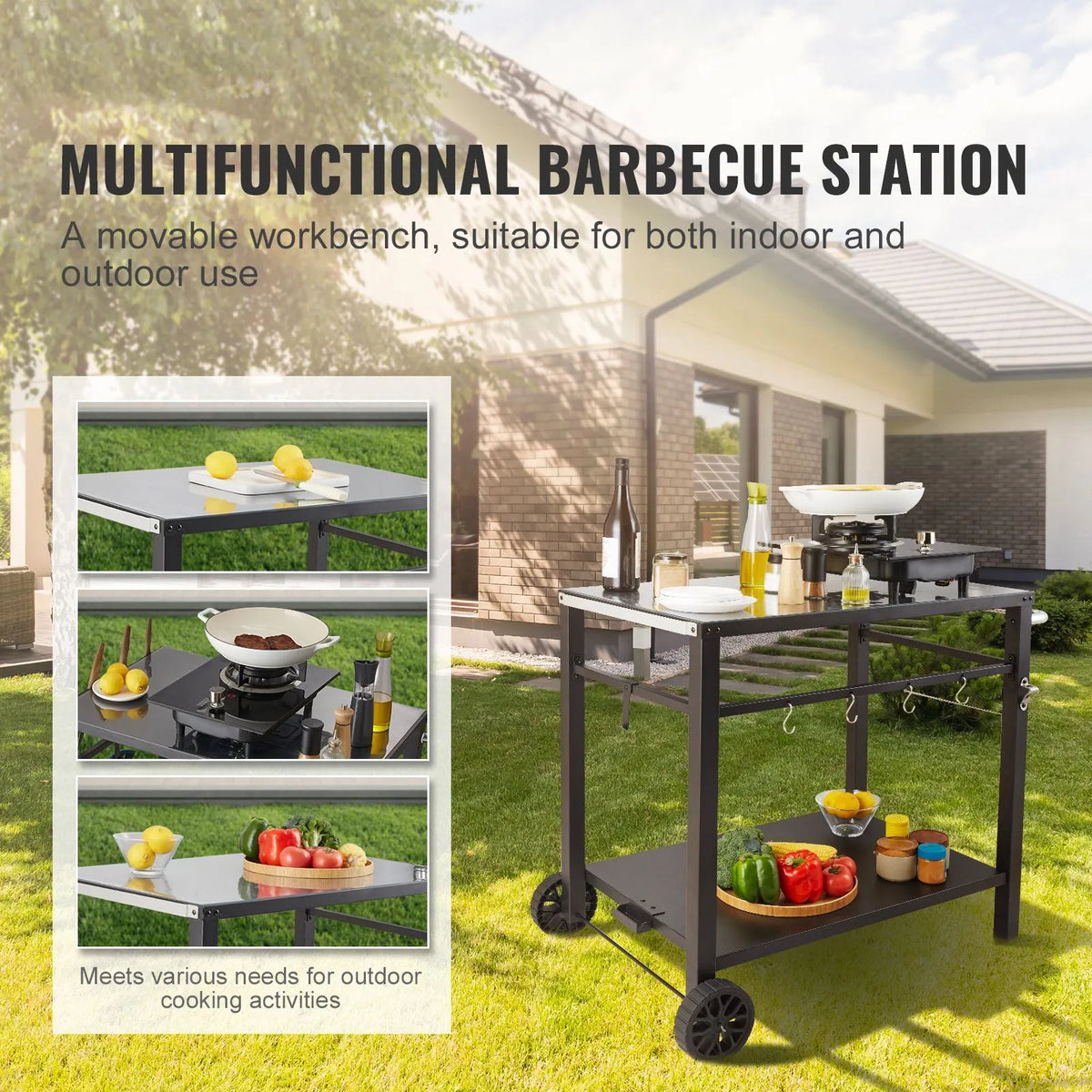 Outdoor Grill Dining Cart with Double-Shelf, 85*55cm BBQ Movable Food Prep Table, Multifunctional Iron Table Top, Portable Modular Carts for Pizza Oven, Worktable with 2 Wheels, Carry Handle, Black - Image 2