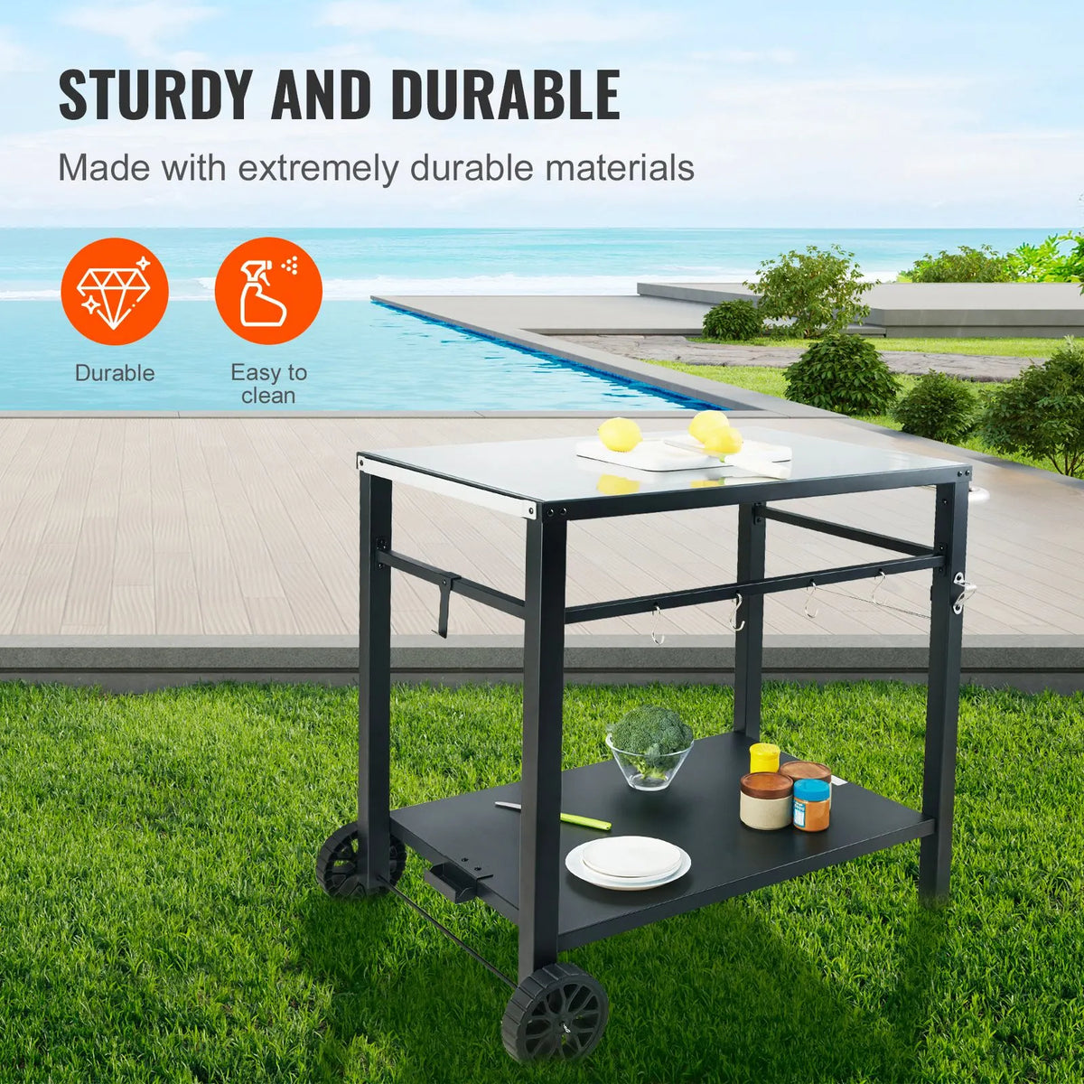 Outdoor Grill Dining Cart with Double-Shelf, 85*55cm BBQ Movable Food Prep Table, Multifunctional Iron Table Top, Portable Modular Carts for Pizza Oven, Worktable with 2 Wheels, Carry Handle, Black - Image 3
