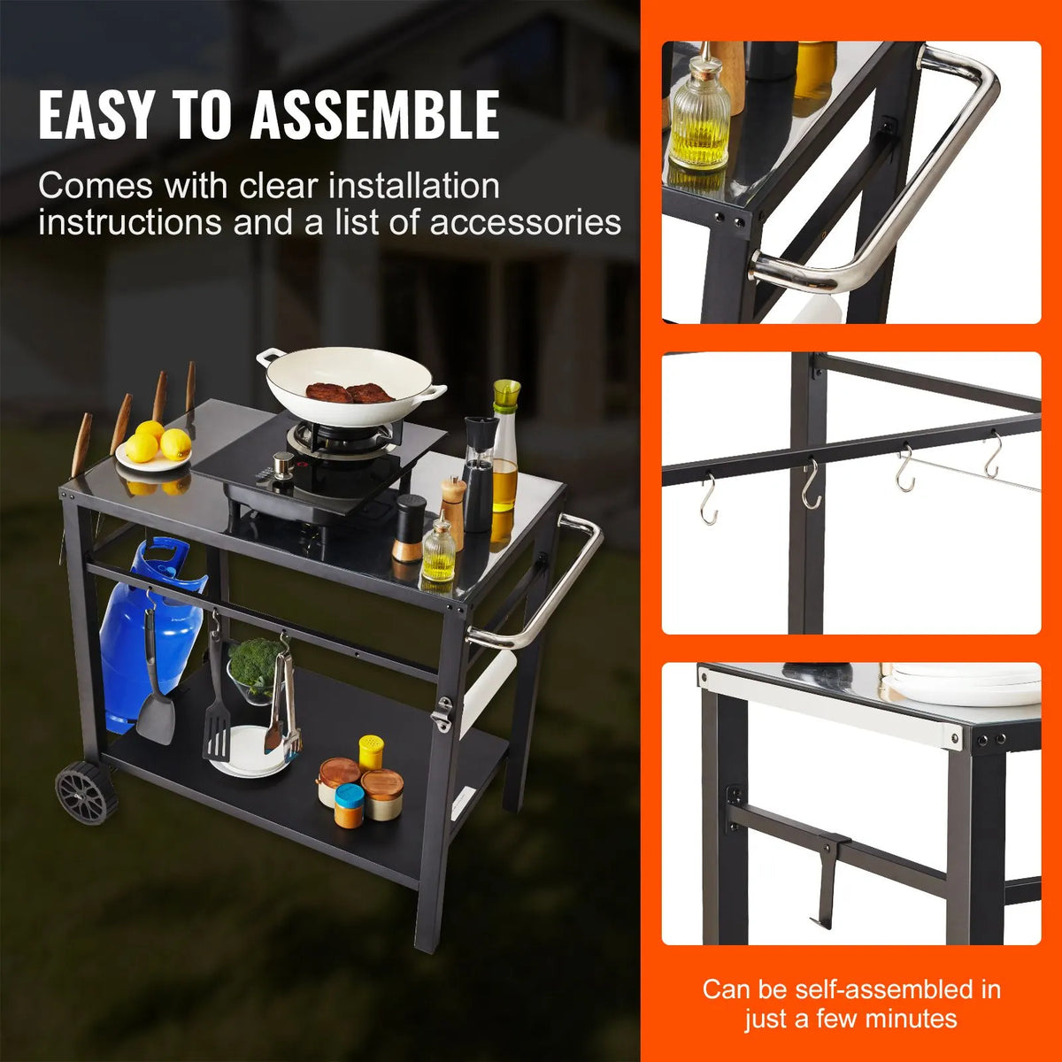 Outdoor Grill Dining Cart with Double-Shelf, 85*55cm BBQ Movable Food Prep Table, Multifunctional Iron Table Top, Portable Modular Carts for Pizza Oven, Worktable with 2 Wheels, Carry Handle, Black - Image 6