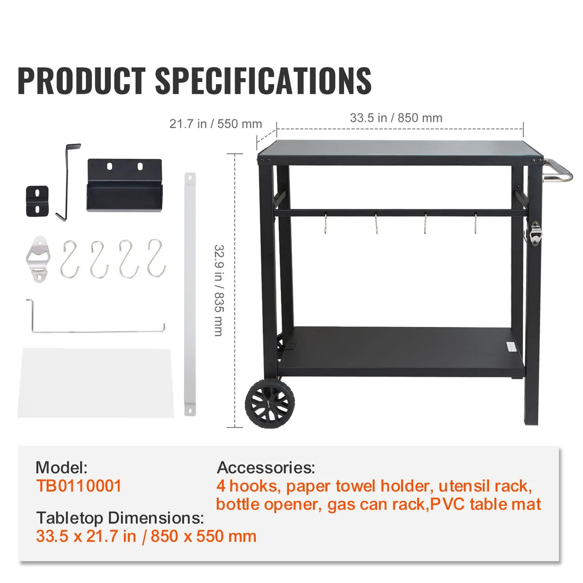 Outdoor Grill Dining Cart with Double-Shelf, 85*55cm BBQ Movable Food Prep Table, Multifunctional Iron Table Top, Portable Modular Carts for Pizza Oven, Worktable with 2 Wheels, Carry Handle, Black - Image 7