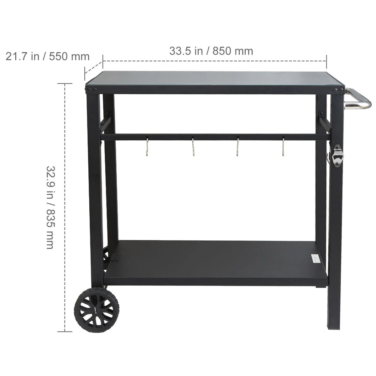 Outdoor Grill Dining Cart with Double-Shelf, 85*55cm BBQ Movable Food Prep Table, Multifunctional Iron Table Top, Portable Modular Carts for Pizza Oven, Worktable with 2 Wheels, Carry Handle, Black - Image 8