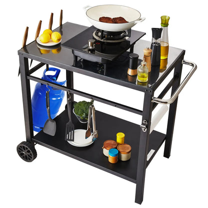 Outdoor Grill Dining Cart with Double-Shelf, 85*55cm BBQ Movable Food Prep Table, Multifunctional Iron Table Top, Portable Modular Carts for Pizza Oven, Worktable with 2 Wheels, Carry Handle, Black - Image 9