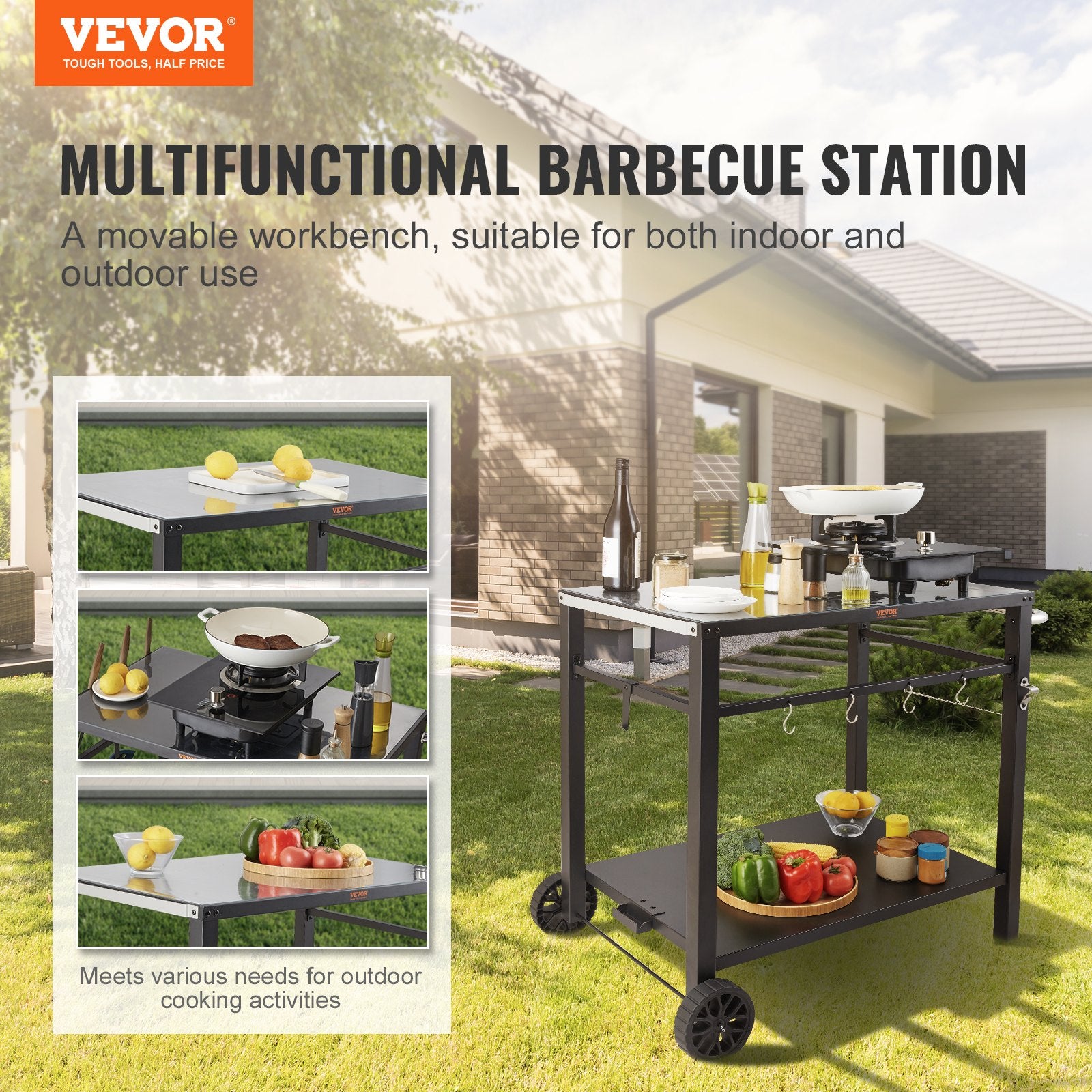 Outdoor Grill Dining Cart with Double-Shelf, 85*55cm BBQ Movable Food Prep Table, Multifunctional Iron Table Top, Portable Modular Carts for Pizza Oven, Worktable with 2 Wheels, Carry Handle, Black - Image 2