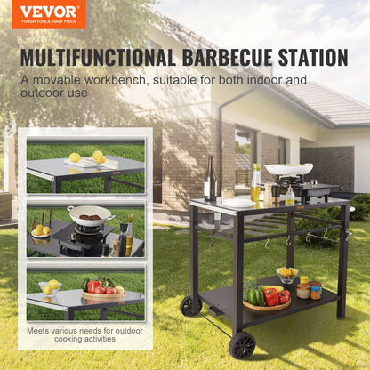 Outdoor Grill Dining Cart with Double-Shelf, 85*55cm BBQ Movable Food Prep Table, Multifunctional Iron Table Top, Portable Modular Carts for Pizza Oven, Worktable with 2 Wheels, Carry Handle, Black - Image 2