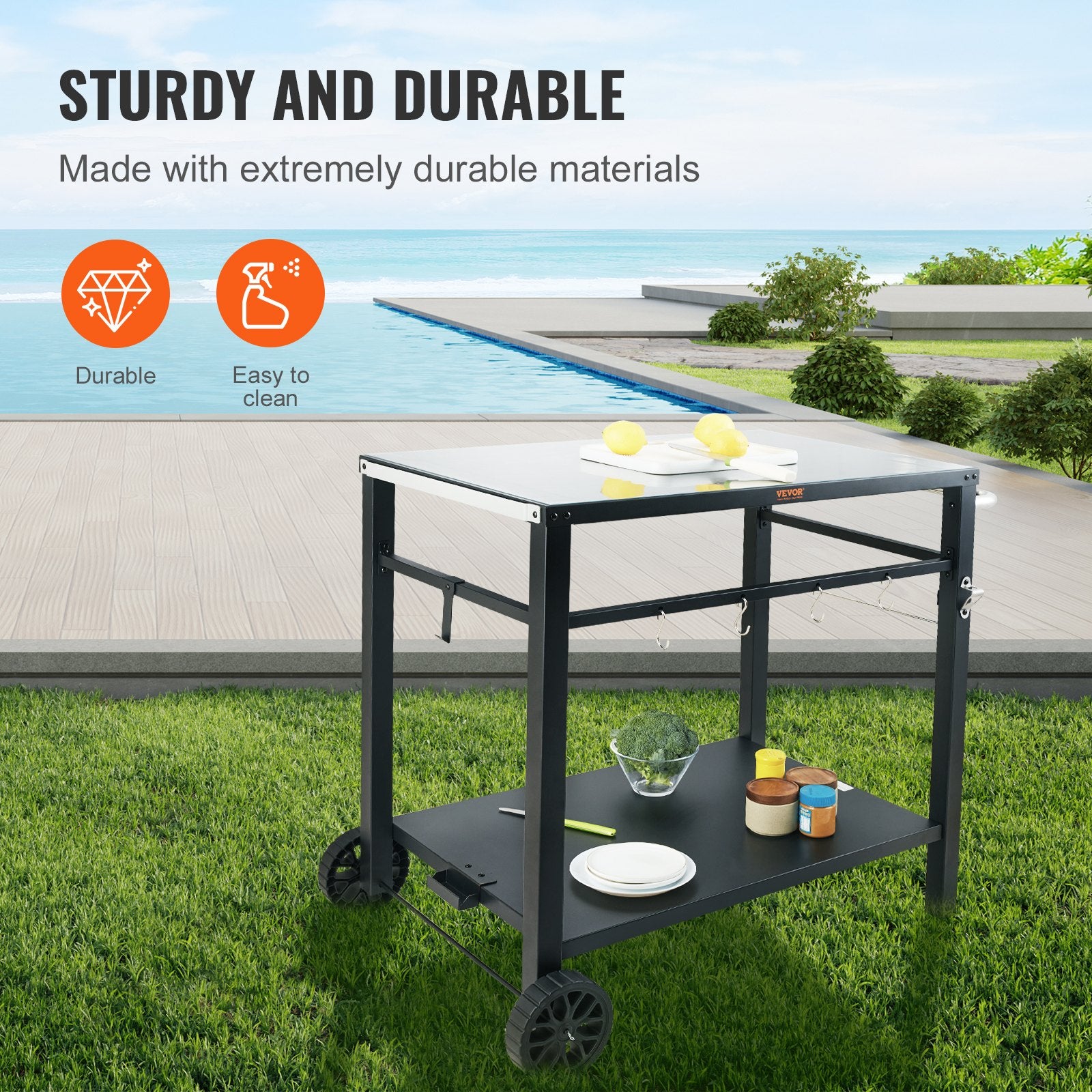 Outdoor Grill Dining Cart with Double-Shelf, 85*55cm BBQ Movable Food Prep Table, Multifunctional Iron Table Top, Portable Modular Carts for Pizza Oven, Worktable with 2 Wheels, Carry Handle, Black - Image 3