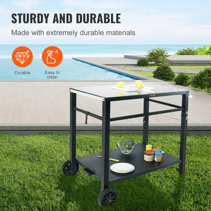 Outdoor Grill Dining Cart with Double-Shelf, 85*55cm BBQ Movable Food Prep Table, Multifunctional Iron Table Top, Portable Modular Carts for Pizza Oven, Worktable with 2 Wheels, Carry Handle, Black - Image 3