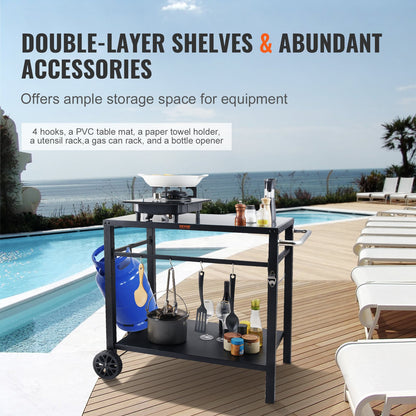 Outdoor Grill Dining Cart with Double-Shelf, 85*55cm BBQ Movable Food Prep Table, Multifunctional Iron Table Top, Portable Modular Carts for Pizza Oven, Worktable with 2 Wheels, Carry Handle, Black - Image 4