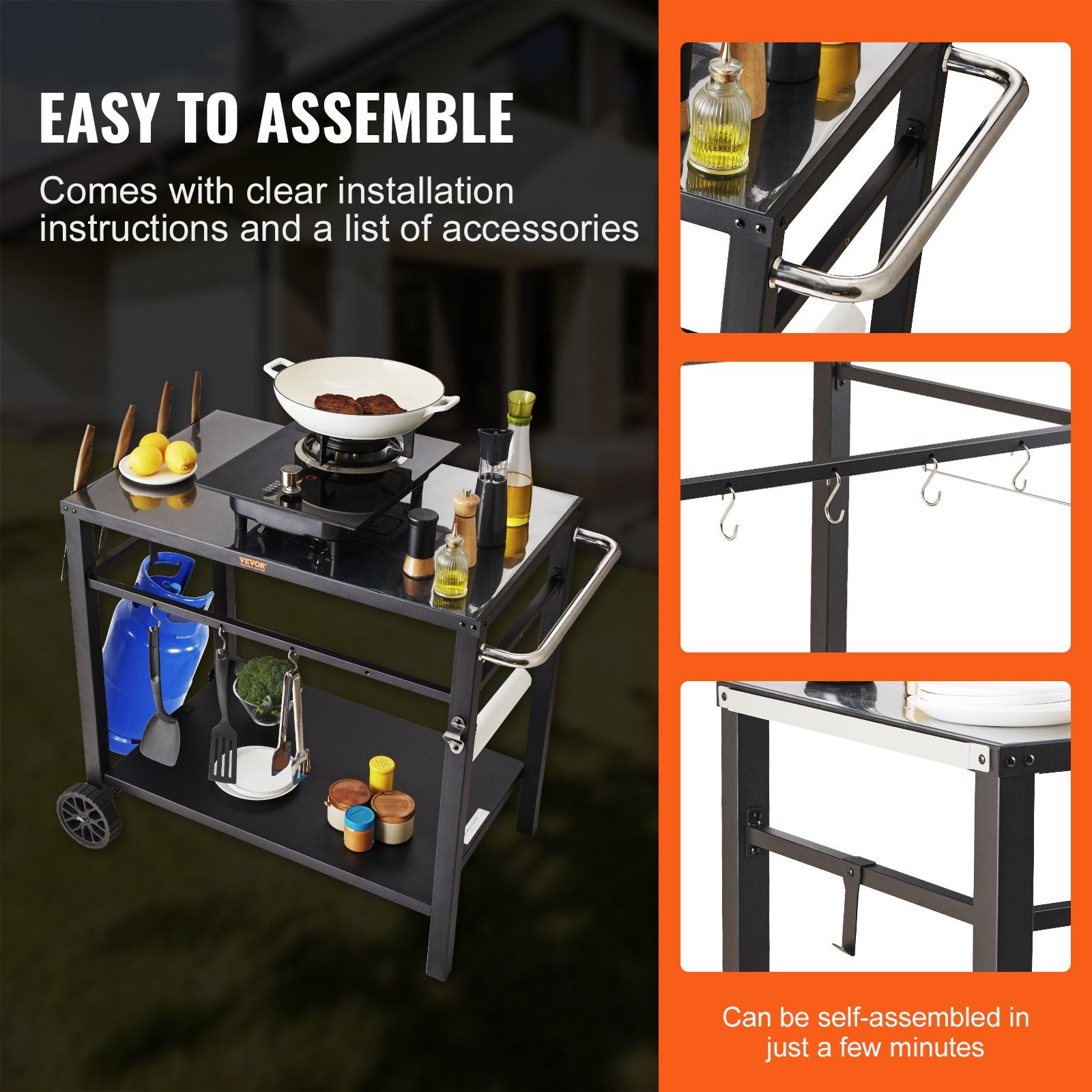 Outdoor Grill Dining Cart with Double-Shelf, 85*55cm BBQ Movable Food Prep Table, Multifunctional Iron Table Top, Portable Modular Carts for Pizza Oven, Worktable with 2 Wheels, Carry Handle, Black - Image 6