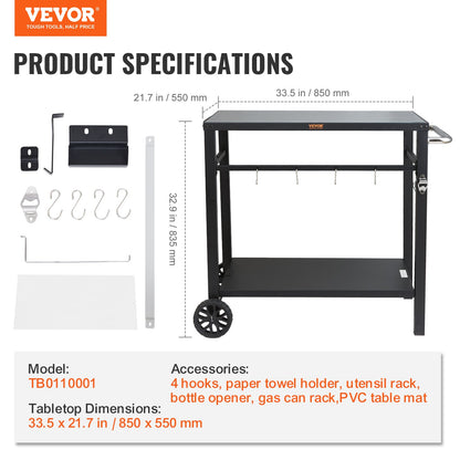 Outdoor Grill Dining Cart with Double-Shelf, 85*55cm BBQ Movable Food Prep Table, Multifunctional Iron Table Top, Portable Modular Carts for Pizza Oven, Worktable with 2 Wheels, Carry Handle, Black - Image 7