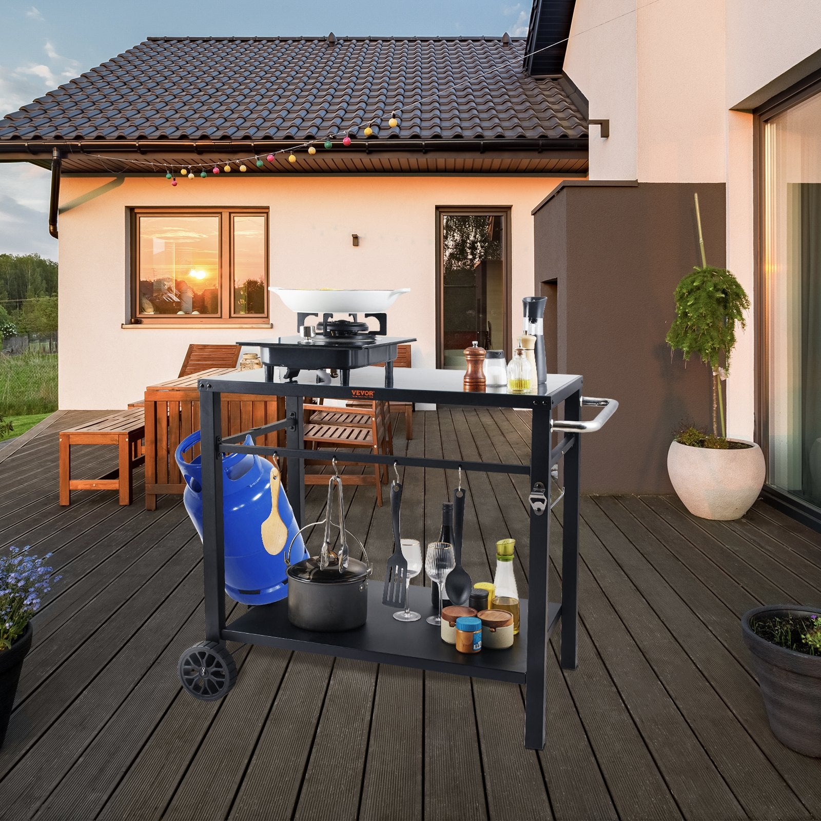 Outdoor Grill Dining Cart with Double-Shelf, 85*55cm BBQ Movable Food Prep Table, Multifunctional Iron Table Top, Portable Modular Carts for Pizza Oven, Worktable with 2 Wheels, Carry Handle, Black - Image 8