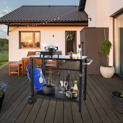 Outdoor Grill Dining Cart with Double-Shelf, 85*55cm BBQ Movable Food Prep Table, Multifunctional Iron Table Top, Portable Modular Carts for Pizza Oven, Worktable with 2 Wheels, Carry Handle, Black - Image 8