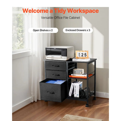 Mobile Metal File Cabinet with 3 Fabric Drawers and 2 Open Shelves Black - Image 2