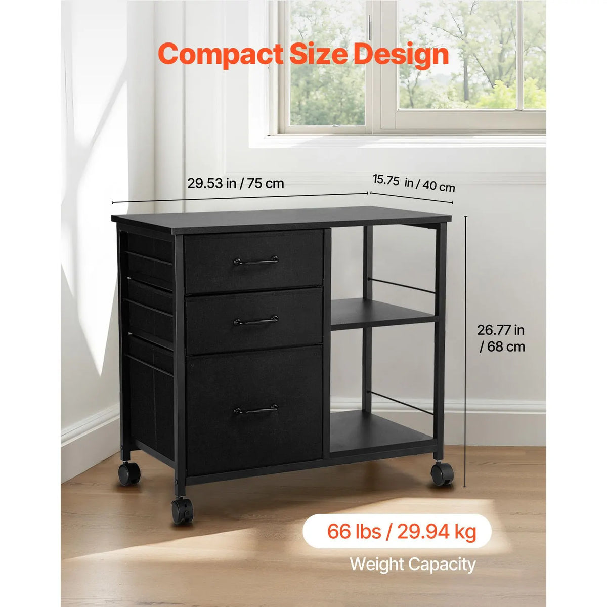Mobile Metal File Cabinet with 3 Fabric Drawers and 2 Open Shelves Black - Image 3