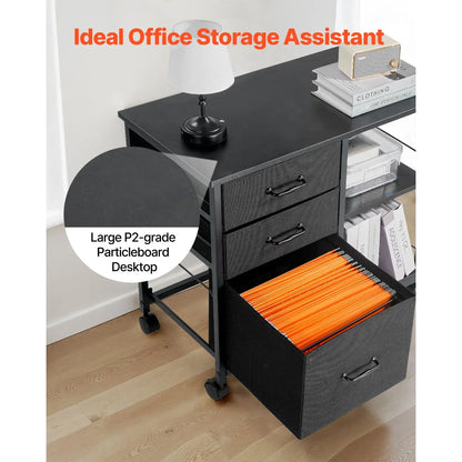 Mobile Metal File Cabinet with 3 Fabric Drawers and 2 Open Shelves Black - Image 7