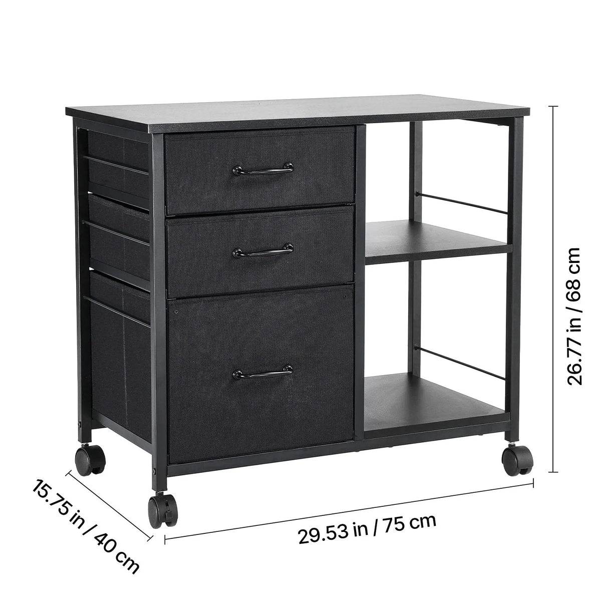 Mobile Metal File Cabinet with 3 Fabric Drawers and 2 Open Shelves Black - Image 8