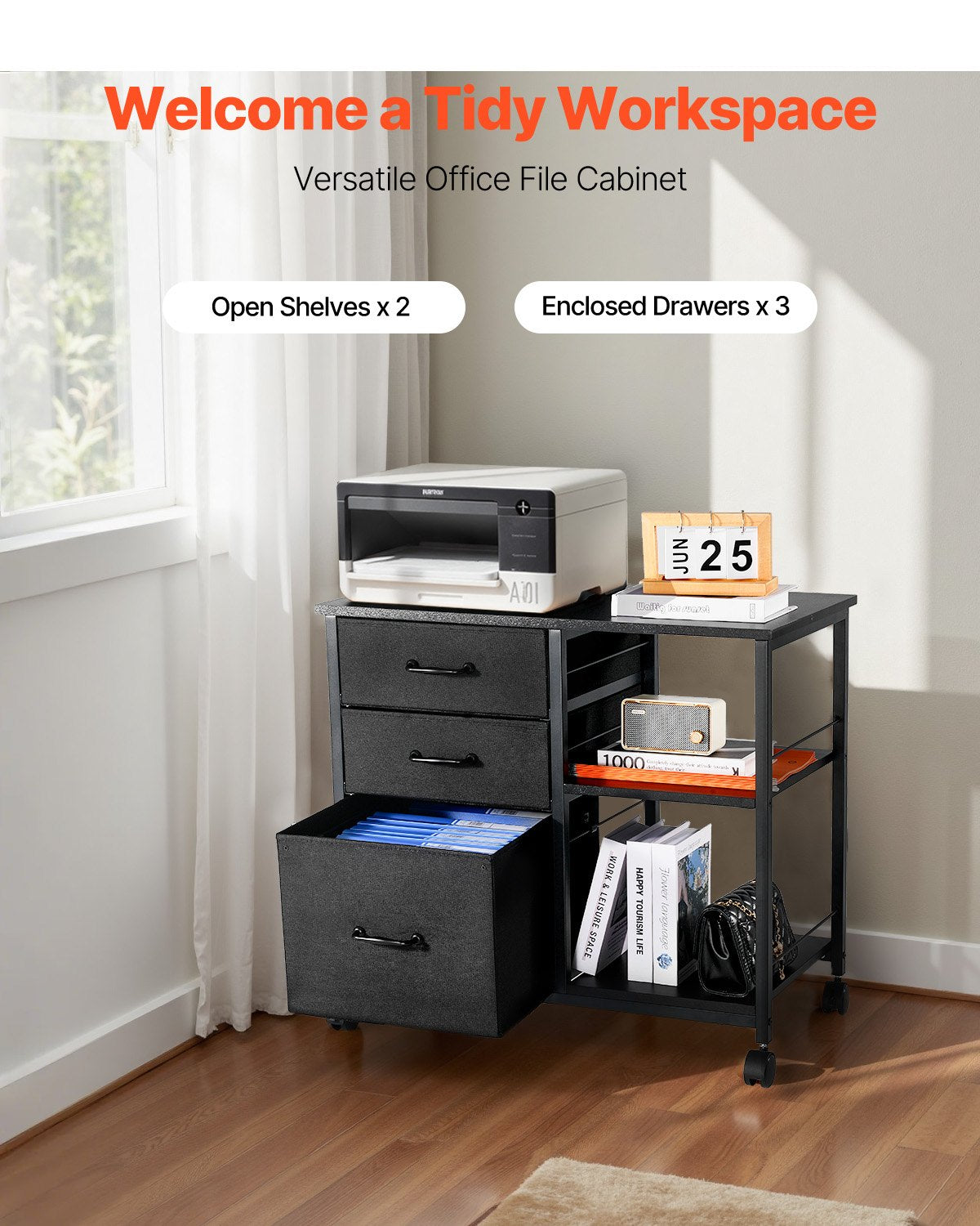 Mobile Metal File Cabinet with 3 Fabric Drawers and 2 Open Shelves Black - Image 2