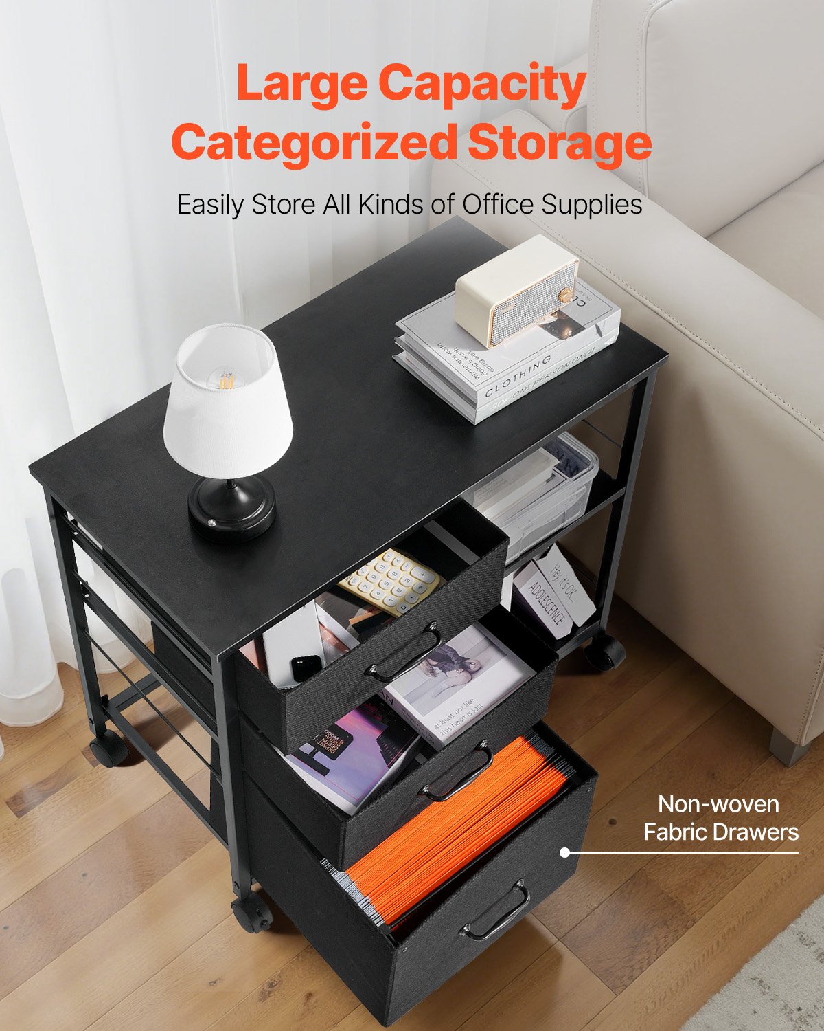 Mobile Metal File Cabinet with 3 Fabric Drawers and 2 Open Shelves Black - Image 4