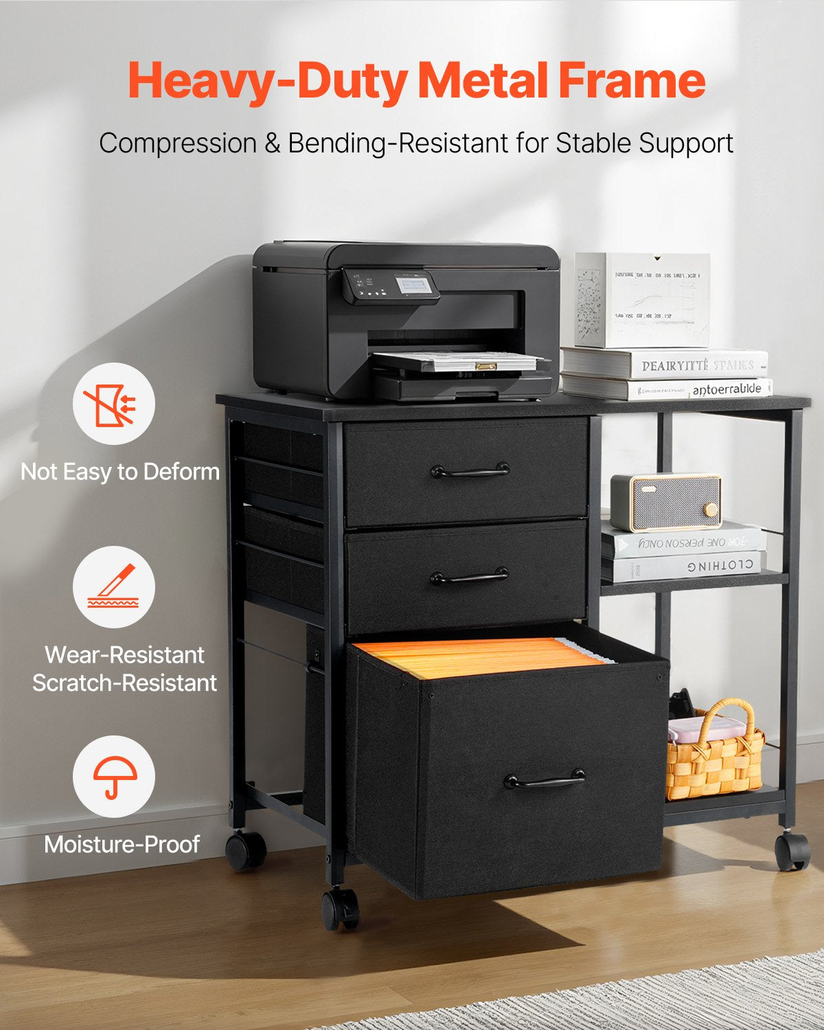 Mobile Metal File Cabinet with 3 Fabric Drawers and 2 Open Shelves Black - Image 5