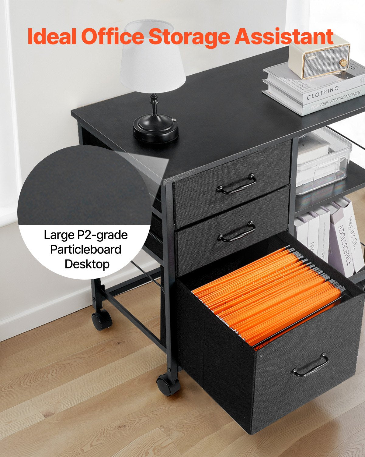 Mobile Metal File Cabinet with 3 Fabric Drawers and 2 Open Shelves Black - Image 7