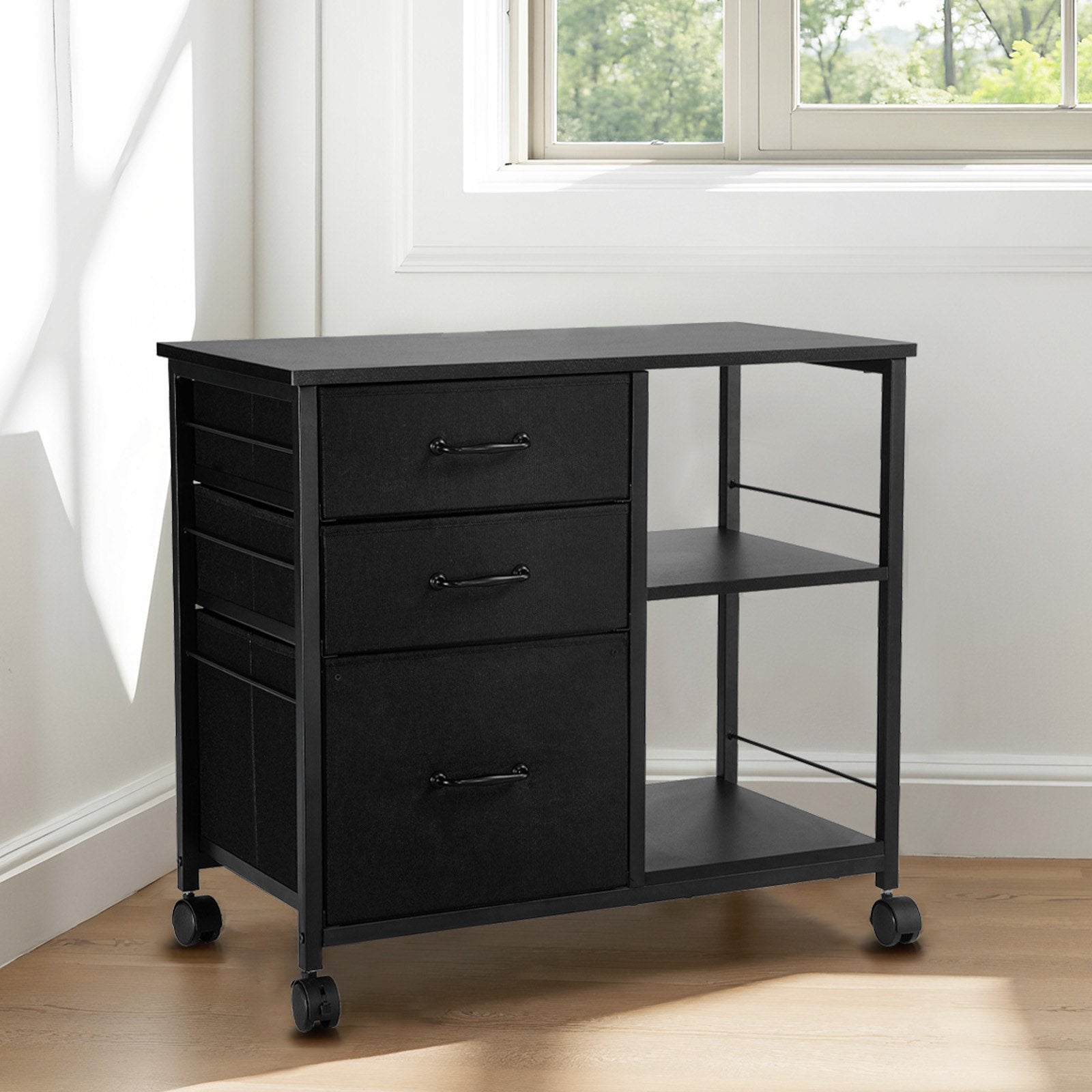 Mobile Metal File Cabinet with 3 Fabric Drawers and 2 Open Shelves Black - Image 8