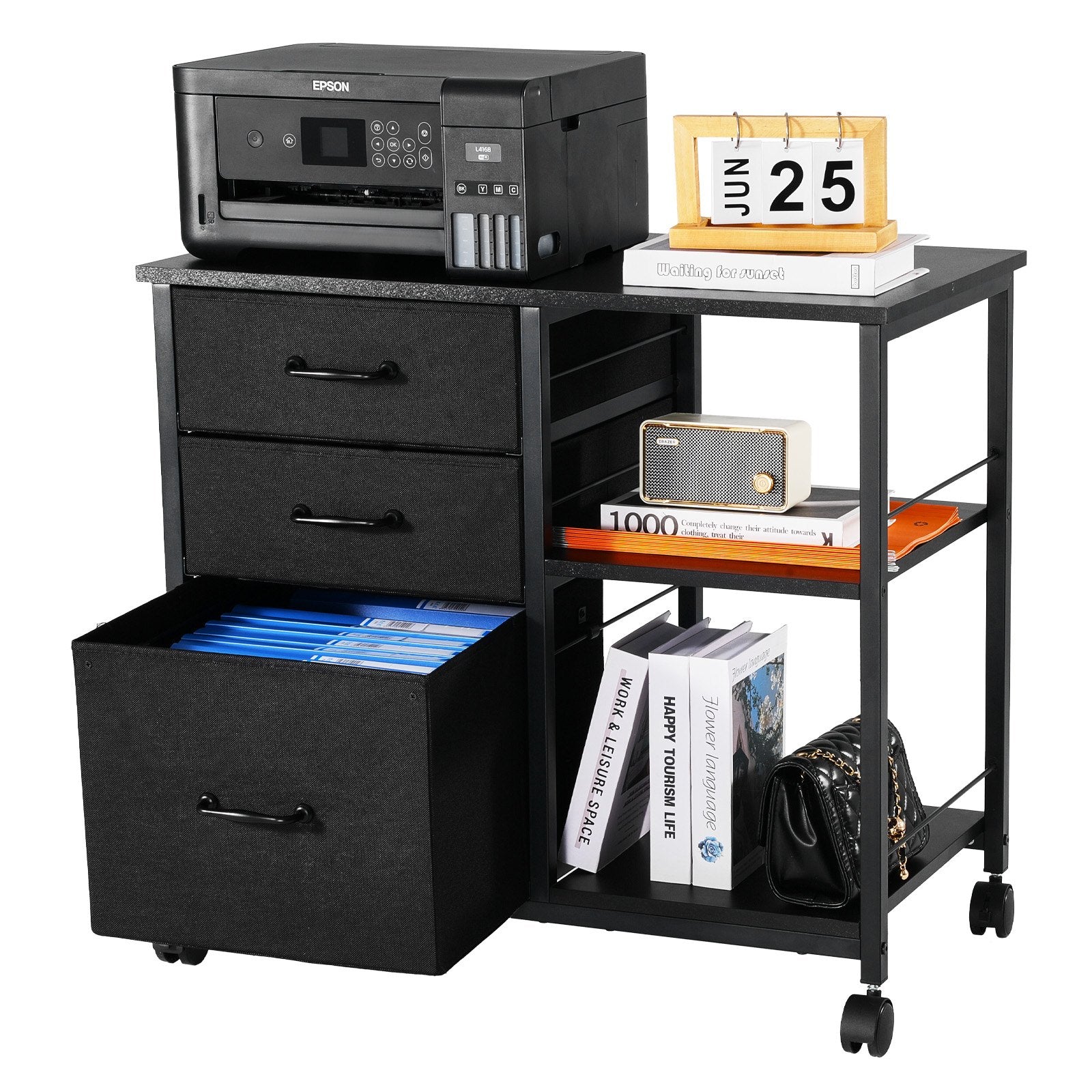 Mobile Metal File Cabinet with 3 Fabric Drawers and 2 Open Shelves Black - Image 9
