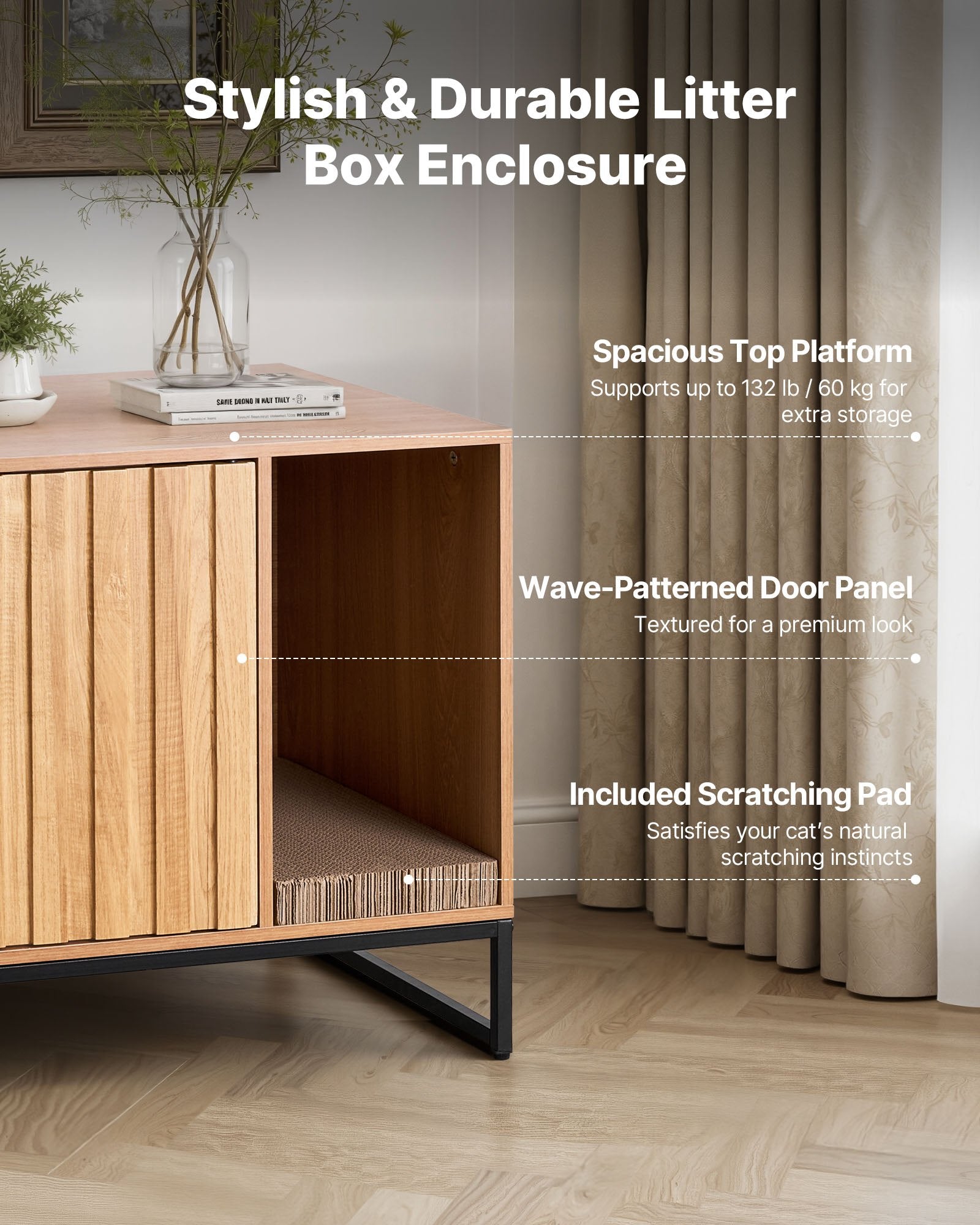 Cat Litter Box Enclosure Furniture, 80 cm Hidden Litter Box Cabinet with Scratch Pad & Storage, Waterproof Cat Washroom End Table Cat House, Fit Most of Litterbox, for Bedroom Living Room - Image 5