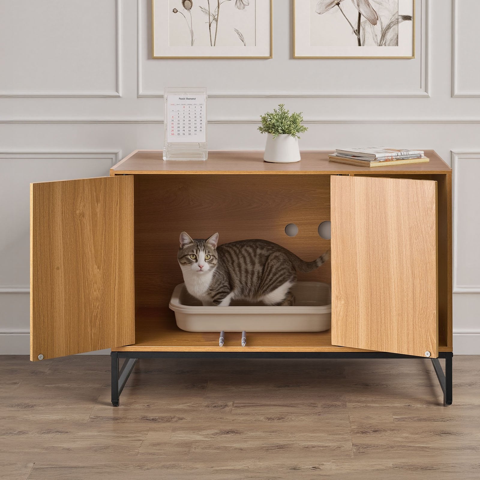 Cat Litter Box Enclosure Furniture, 80 cm Hidden Litter Box Cabinet with Scratch Pad & Storage, Waterproof Cat Washroom End Table Cat House, Fit Most of Litterbox, for Bedroom Living Room - Image 8