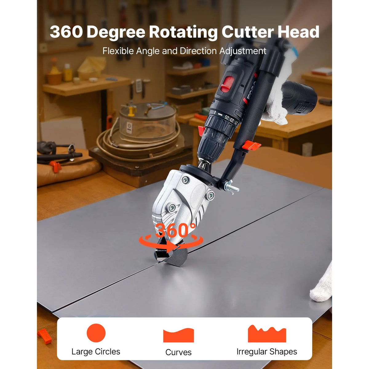 Metal Shear/Cutter Drill Attachment, Sheet Metal Cutter with 360-Degree Pivoting Head, Sharp Blades,Ideal for 18 GA Galvanized Steel, 20 GA Stainless Steel, Aluminum Plate, Plastic, Cardboard - Image 4