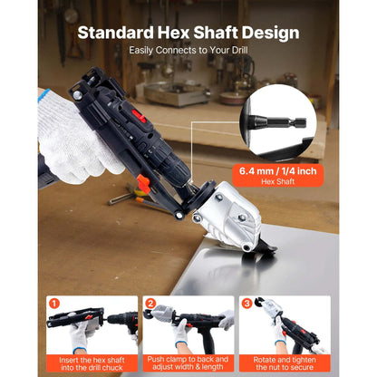 Metal Shear/Cutter Drill Attachment, Sheet Metal Cutter with 360-Degree Pivoting Head, Sharp Blades,Ideal for 18 GA Galvanized Steel, 20 GA Stainless Steel, Aluminum Plate, Plastic, Cardboard - Image 6